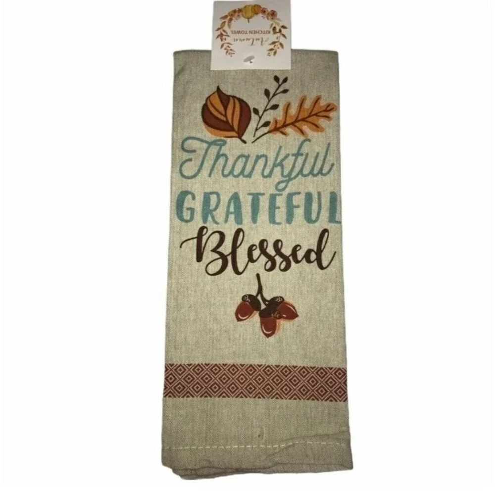 Thankful Grateful Blessed Kitchen Hand Dish Towel Tea Towel Cotton Cottagecore